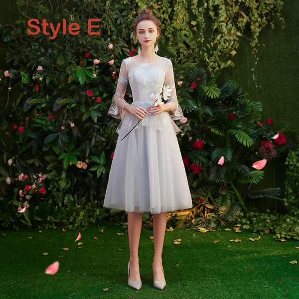 Affordable Grey Bridesmaid Dresses 2019 A-Line / Princess Appliques Lace Short Ruffle Backless Wedding Party Dresses