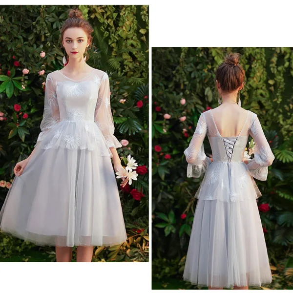 Affordable Grey Bridesmaid Dresses 2019 A-Line / Princess Appliques Lace Short Ruffle Backless Wedding Party Dresses