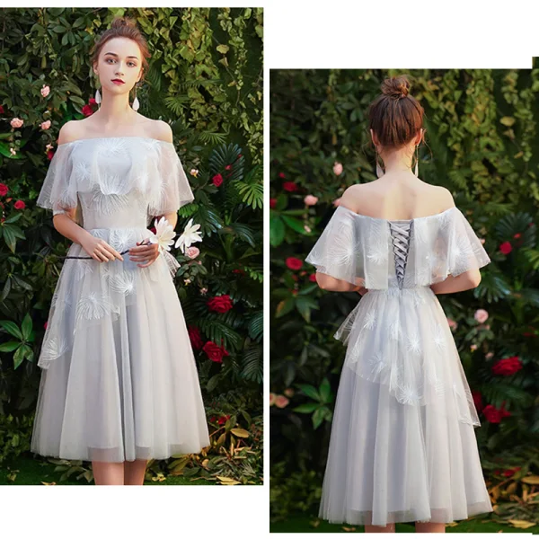 Affordable Grey Bridesmaid Dresses 2019 A-Line / Princess Appliques Lace Short Ruffle Backless Wedding Party Dresses