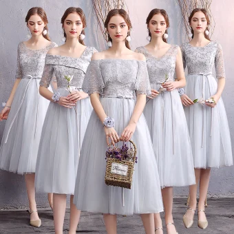 Affordable Grey Bridesmaid Dresses 2019 A Line Princess Appliques Lace Sash Short Ruffle Backless Wedding Party Dresses