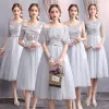 Affordable Grey Bridesmaid Dresses 2019 A-Line / Princess Appliques Lace Sash Short Ruffle Backless Wedding Party Dresses