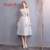 Affordable Grey Bridesmaid Dresses 2019 A-Line / Princess Appliques Lace Sash Short Ruffle Backless Wedding Party Dresses