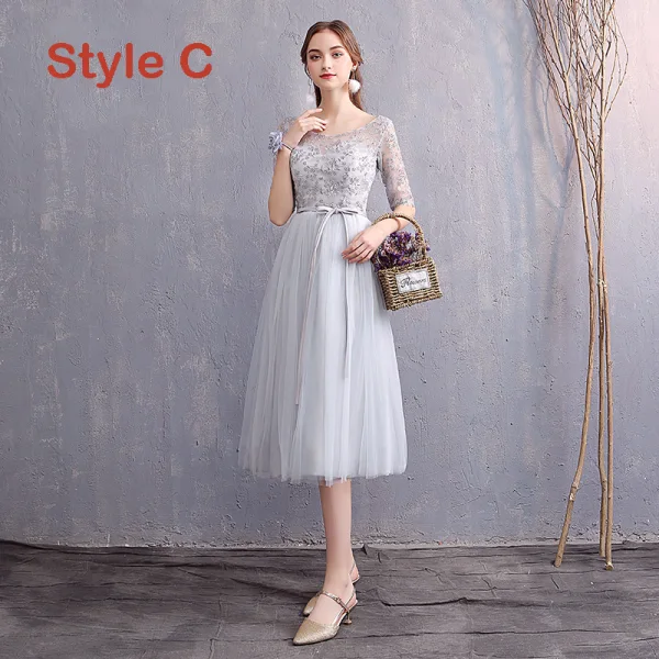 Affordable Grey Bridesmaid Dresses 2019 A-Line Princess Appliques Lace Sash Short Ruffle