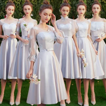 Affordable Grey Satin See Through Bridesmaid Dresses 2019 A Line Princess Appliques Lace Bow Sash Short Ruffle Backless Wedding Party Dresses