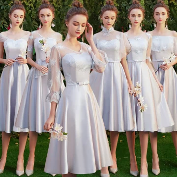 Affordable Grey Satin See Through Bridesmaid Dresses 2019 A Line Princess Appliques Lace Bow Sash Short Ruffle Backless Wedding Party Dresses