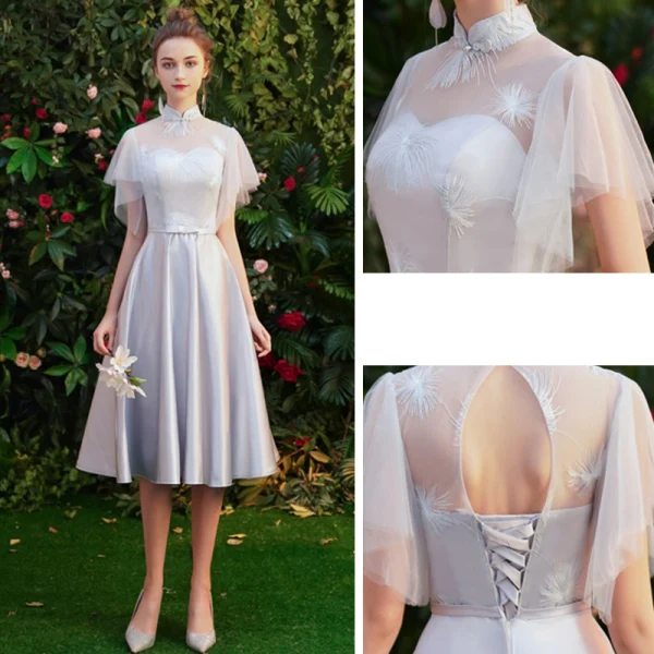 Prisvärd Grå Satin Genomskinliga Tärnklänningar 2019 Prinsessa Appliqués Spets Rosett Skärp Korta Ruffle Halterneck Klänning Till Bröllop
