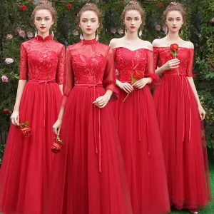 Abordable Rouge Robe Demoiselle D 039 Honneur 2019 Princesse Ceinture Appliques En Dentelle Longue Volants Dos Nu Robe Pour Mariage