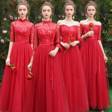 Prisvärd Röd Tärnklänningar 2019 Prinsessa Skärp Appliqués Spets Långa Ruffle Halterneck Klänning Till Bröllop