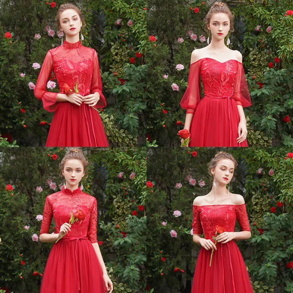 Affordable Red Bridesmaid Dresses 2019 A-Line / Princess Sash Appliques Lace Floor-Length / Long Ruffle Backless Wedding Party Dresses