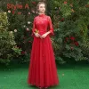 Erschwinglich Rot Brautjungfernkleider 2019 A Linie Stoffgürtel Applikationen Spitze Lange Rüschen Rückenfreies Kleider Für Hochzeit