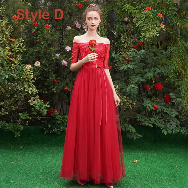 Affordable Red Bridesmaid Dresses 2019 A-Line / Princess Sash Appliques Lace Floor-Length / Long Ruffle Backless Wedding Party Dresses