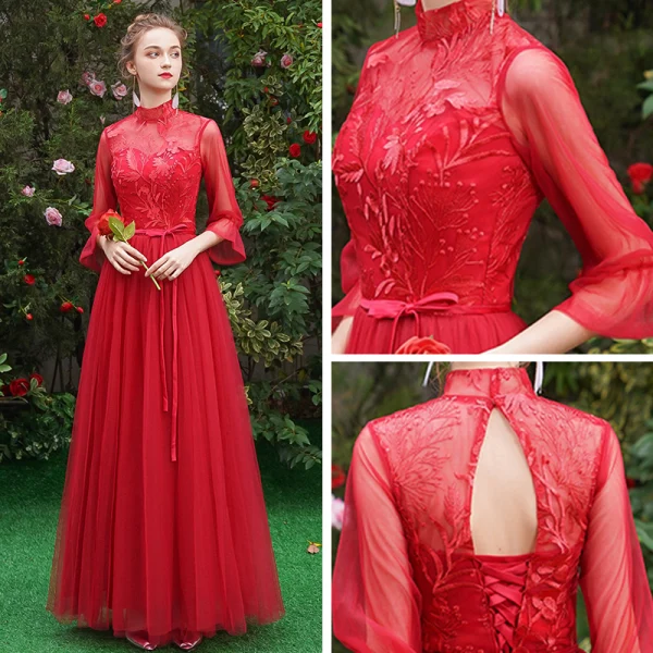Affordable Red Bridesmaid Dresses 2019 A-Line / Princess Sash Appliques Lace Floor-Length / Long Ruffle Backless Wedding Party Dresses