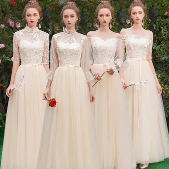 Affordable Elegant Champagne See Through Bridesmaid Dresses 2019 A Line Princess Sash Appliques Lace Floor Length Long Ruffle Backless Wedding Party Dresses