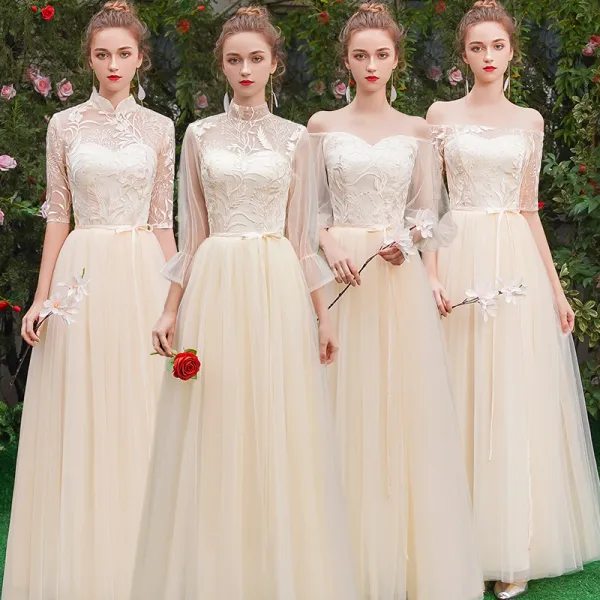 Niedrogie Eleganckie Szampan Przezroczyste Sukienki Dla Druhen 2019 Princessa Szarfa Aplikacje Z Koronki Długie Wzburzyć Bez Pleców Sukienki Na Wesele