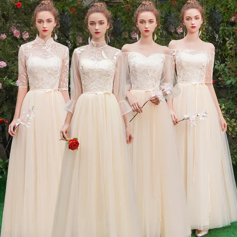 Abordable Élégant Champagne Transparentes Robe Demoiselle D'honneur 2019 Princesse Ceinture Appliques En Dentelle Longue Volants Dos Nu Robe Pour Mariage