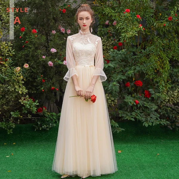 Affordable Elegant Champagne See-through Bridesmaid Dresses 2019 A-Line / Princess Sash Appliques Lace Floor-Length / Long Ruffle Backless Wedding Party Dresses