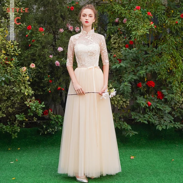 Affordable Elegant Champagne See-through Bridesmaid Dresses 2019 A-Line / Princess Sash Appliques Lace Floor-Length / Long Ruffle Backless Wedding Party Dresses