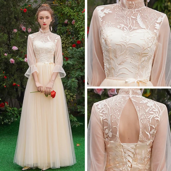 Affordable Elegant Champagne See-through Bridesmaid Dresses 2019 A-Line / Princess Sash Appliques Lace Floor-Length / Long Ruffle Backless Wedding Party Dresses