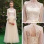 Affordable Elegant Champagne See-through Bridesmaid Dresses 2019 A-Line / Princess Sash Appliques Lace Floor-Length / Long Ruffle Backless Wedding Party Dresses