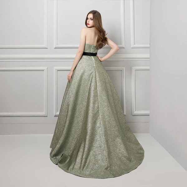 Bling Bling Salvie Grønn Glitter Jacquard Ballkjoler 2019 Prinsesse Kjæreste Uten Ermer Sash Domstol Tog Buste Ryggløse Formelle Kjoler