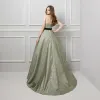 Bling Bling Sage Green Glitter Jacquard Prom Dresses 2019 A-Line / Princess Sweetheart Sleeveless Sash Court Train Ruffle Backless Formal Dresses