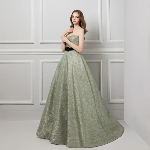 Bling Bling Salvie Grønn Glitter Jacquard Ballkjoler 2019 Prinsesse Kjæreste Uten Ermer Sash Domstol Tog Buste Ryggløse Formelle Kjoler
