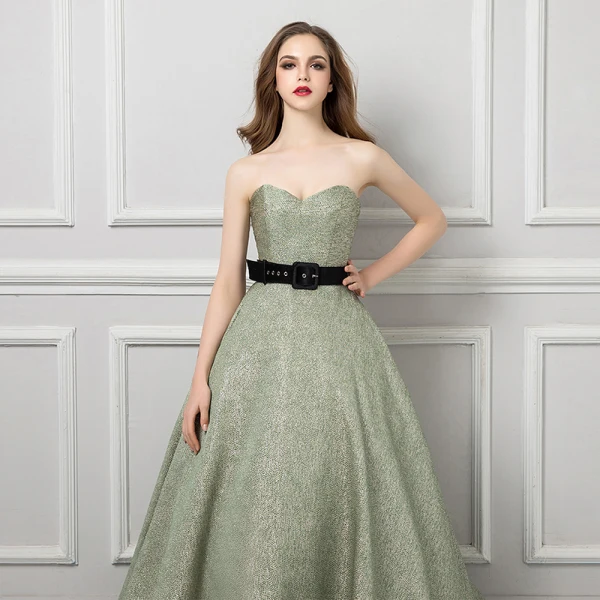 Bling Bling Salvie Grønn Glitter Jacquard Ballkjoler 2019 Prinsesse Kjæreste Uten Ermer Sash Domstol Tog Buste Ryggløse Formelle Kjoler