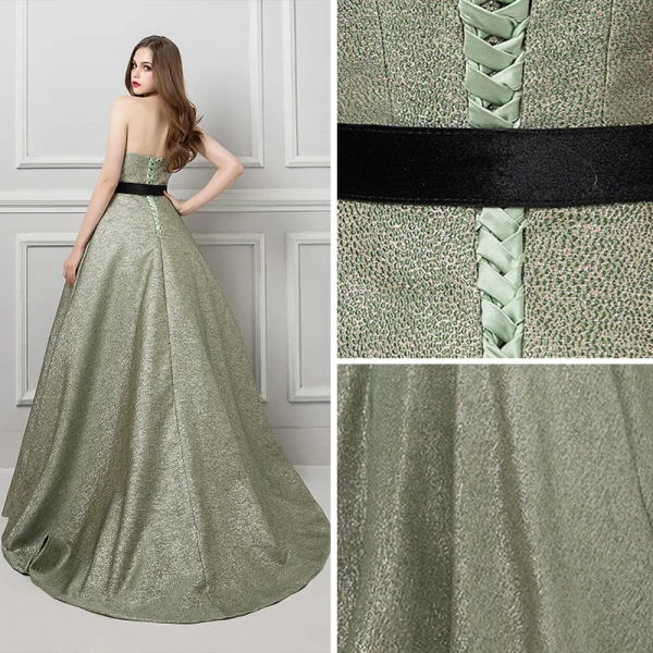 Bling Bling Salvie Grønn Glitter Jacquard Ballkjoler 2019 Prinsesse Kjæreste Uten Ermer Sash Domstol Tog Buste Ryggløse Formelle Kjoler