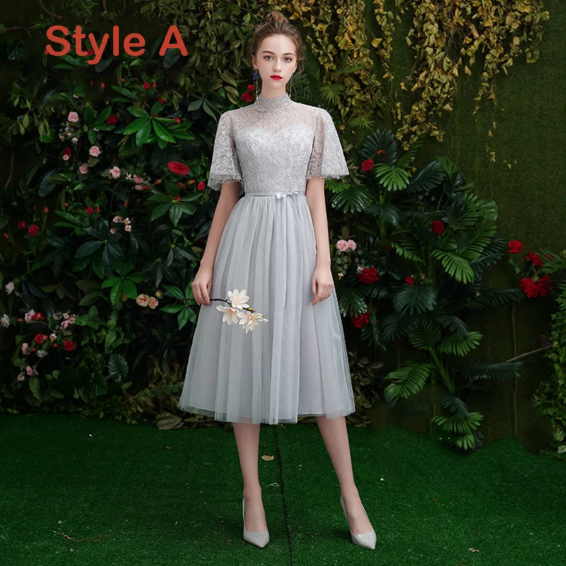 Affordable Elegant Grey Lace Bridesmaid Dresses 2019 A-Line Princess Sash Short Ruffle