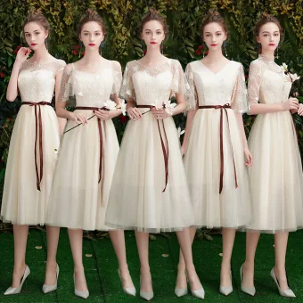 Affordable Champagne Lace Bridesmaid Dresses 2019 A Line Princess Sash Short Ruffle Backless Wedding Party Dresses