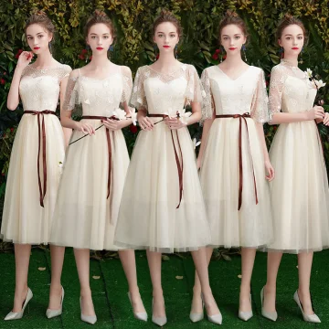 Affordable Champagne Lace Bridesmaid Dresses 2019 A Line Princess Sash Short Ruffle Backless Wedding Party Dresses