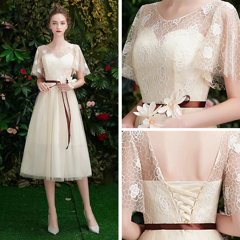 Affordable Champagne Lace Bridesmaid Dresses 2019 A Line Princess Sash Short Ruffle Backless Wedding Party Dresses Affordable Champagne Lace Bridesmaid Dresses 2019 A Line Princess Sash Short Ruffle Backless Wedding Party Dresses
