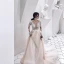 Illusion Champagner Durchsichtige Brautkleider / Hochzeitskleider 2019 A Linie Tiefer V-Ausschnitt Lange Ärmel Applikationen Spitze Perlenstickerei Kathedrale Schleppe Rüschen