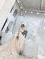 Illusion Champagner Durchsichtige Brautkleider / Hochzeitskleider 2019 A Linie Tiefer V-Ausschnitt Lange Ärmel Applikationen Spitze Perlenstickerei Kathedrale Schleppe Rüschen
