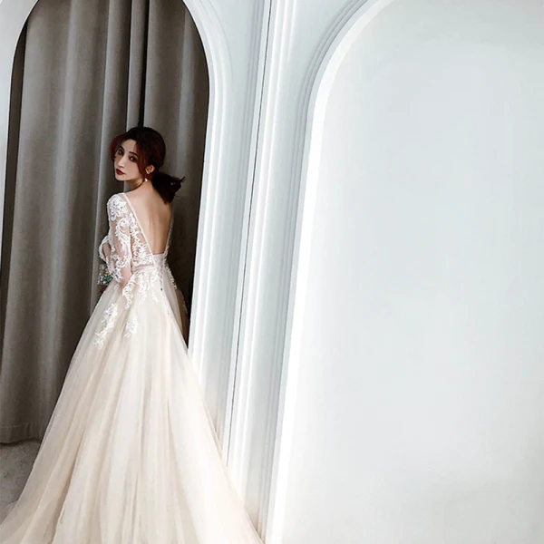 Illusion Champagner Durchsichtige Brautkleider / Hochzeitskleider 2019 A Linie Tiefer V-Ausschnitt Lange Ärmel Applikationen Spitze Perlenstickerei Kathedrale Schleppe Rüschen