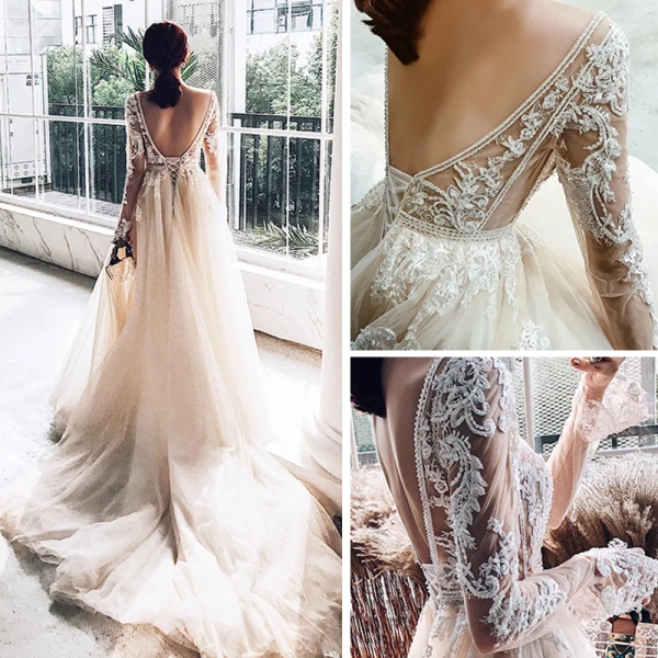 Illusion Champagner Durchsichtige Brautkleider / Hochzeitskleider 2019 A Linie Tiefer V-Ausschnitt Lange Ärmel Applikationen Spitze Perlenstickerei Kathedrale Schleppe Rüschen