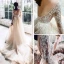 Illusion Champagner Durchsichtige Brautkleider / Hochzeitskleider 2019 A Linie Tiefer V-Ausschnitt Lange Ärmel Applikationen Spitze Perlenstickerei Kathedrale Schleppe Rüschen