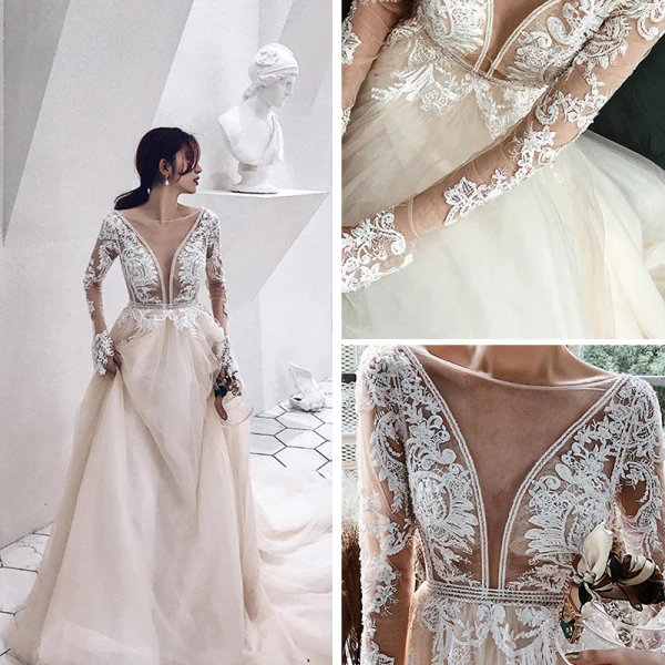 Illusion Champagner Durchsichtige Brautkleider / Hochzeitskleider 2019 A Linie Tiefer V-Ausschnitt Lange Ärmel Applikationen Spitze Perlenstickerei Kathedrale Schleppe Rüschen