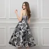 Chic / Beautiful Silver Black Jacquard Prom Dresses 2019 A-Line / Princess Strapless Sleeveless Appliques Lace Sash Tea-length Ruffle Backless Formal Dresses