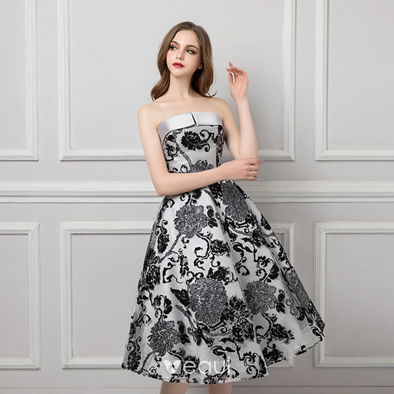 Chic Beautiful Silver Black Jacquard Prom Dresses 2019 A Line