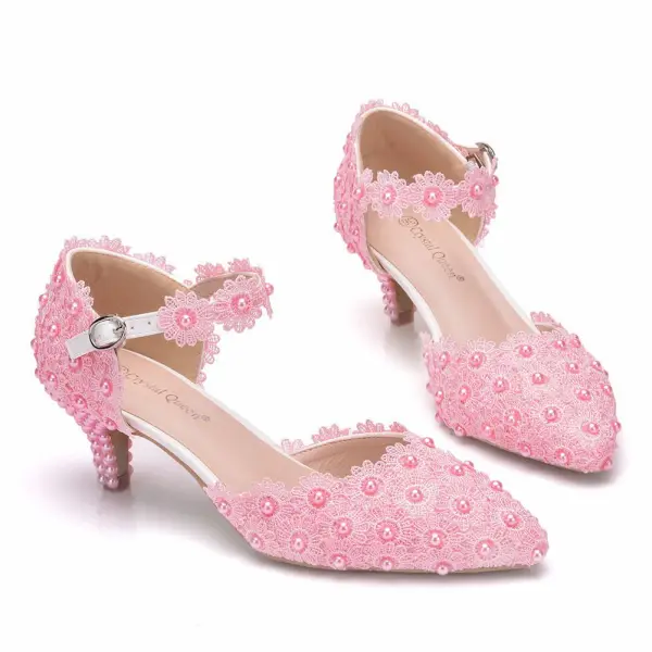 Chic / Belle Blanche En Dentelle Fleur Chaussures Femmes 2022 Promo Perle 5 cm Talons Aiguilles À Bout Pointu Chaussures Femmes Talons Hauts