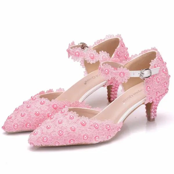 Chic / Belle Blanche En Dentelle Fleur Chaussures Femmes 2022 Promo Perle 5 cm Talons Aiguilles À Bout Pointu Chaussures Femmes Talons Hauts
