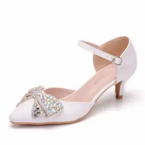 Snygga Fina Vita Rhinestone Rosett Afton Sandaler Dam 2025 5 Cm Stilettklackar Spetsiga Damskor