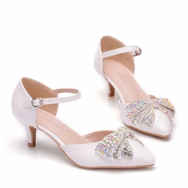 Lovely White Rhinestone Bow Wedding Shoes 2025 5 cm Stiletto Heels Pointed Toe Wedding High Heels