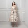 Elegant Champagne Jacquard Prom Dresses 2019 A-Line / Princess Sweetheart Sleeveless Bow Sash Ruffle Backless Formal Dresses