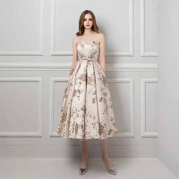 Elegant Champagne Jacquard Prom Dresses 2019 A-Line / Princess Sweetheart Sleeveless Bow Sash Ruffle Backless Formal Dresses