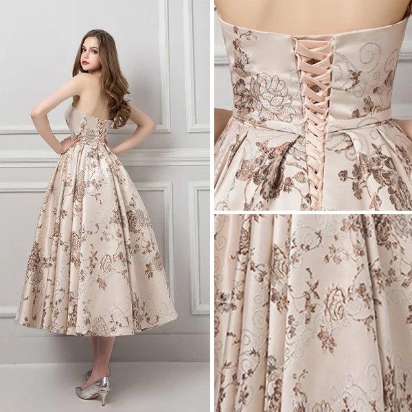 Elegant Champagne Jacquard Ballkjoler 2019 Prinsesse Kjæreste Uten Ermer Sløyfe Sash Buste Ryggløse Formelle Kjoler