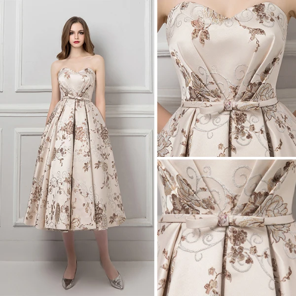 Elegant Champagne Jacquard Ballkjoler 2019 Prinsesse Kjæreste Uten Ermer Sløyfe Sash Buste Ryggløse Formelle Kjoler