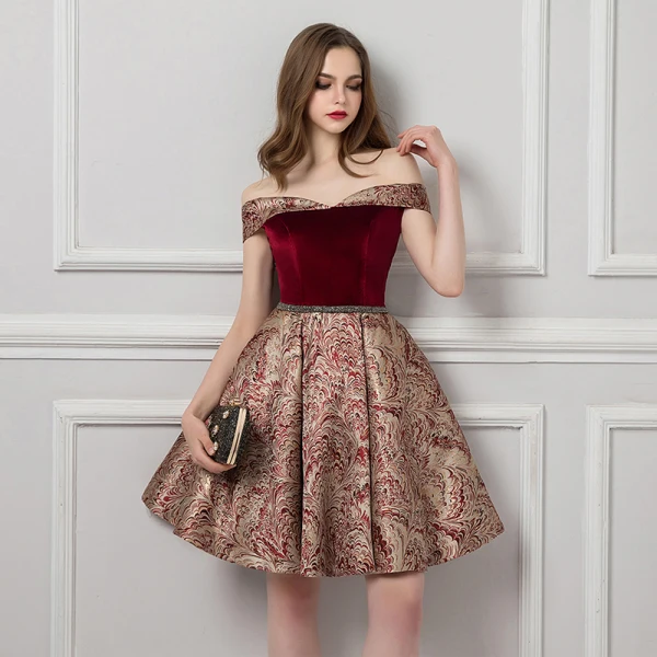 Modern / Fashion Burgundy Homecoming Graduation Dresses 2019 A-Line / Princess Off-The-Shoulder Short Sleeve Beading Sash Short Ruffle Backless Jacquard Formal Dresses