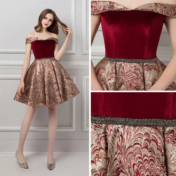 Modern / Fashion Burgundy Homecoming Graduation Dresses 2019 A-Line / Princess Off-The-Shoulder Short Sleeve Beading Sash Short Ruffle Backless Jacquard Formal Dresses